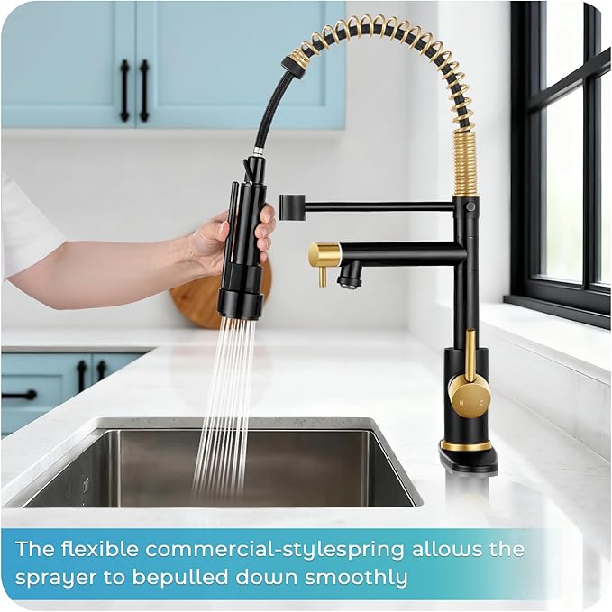 Kitchen Faucet with Pull Down Sprayer - Black & Brushed Gold Single Handle Commercial Kitchen Faucets, 2-Spout Kitchen Sink Faucet, Stainless Steel Spring Pull Out Sink Faucet 1/3 Hole