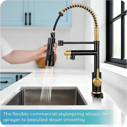Kitchen Faucet with Pull Down Sprayer - Black & Brushed Gold Single Handle Commercial Kitchen Faucets, 2-Spout Kitchen Sink Faucet, Stainless Steel Spring Pull Out Sink Faucet 1/3 Hole