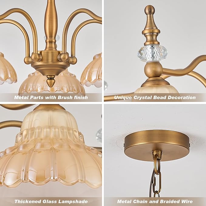 HDDFL Chandelier 5 Lights Chandeliers Lamp Modern Pendant Lighting Fixtures for Dining Room Entryway Living Room Bedrooms Kitchen Brown and Brass