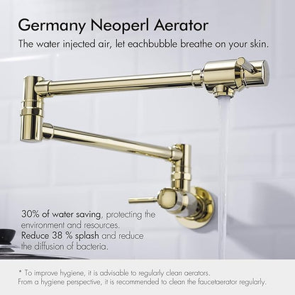 BAGNOLUX Pot Filler, Wall Mount Commercial Pot Filler Faucet Over Stove, Copper Material Brass Kitchen Faucet Folding with Stretchable Double Joint Swing Arm 23.4 inch, Polished Gold-PVD