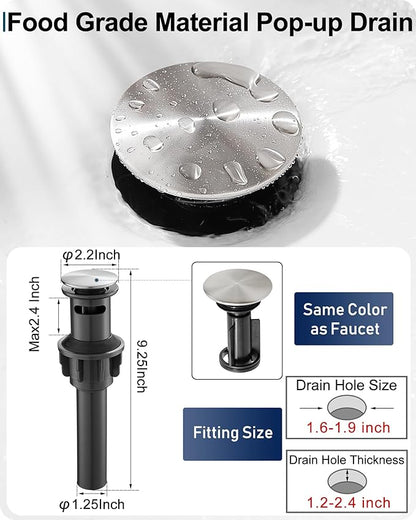 Brass Brushed Nickel Bathroom Faucet, Waterfall Faucet for Bathroom Sink 1 Hole or 4 Inch 3 Holes, One Handle with Deck Plate, Pop Up Drain & cUPC Supply Hoses for Modern Lavatory RV Washroom