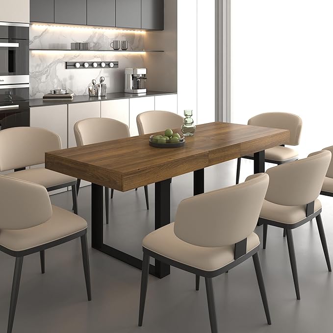 63" - 79" Extendable Dining Room Table, Expandable Kitchen Table for 6 to 10 People, Modern Wood Conference Table, Large Farmhouse Dining Table(Brown & Black, Double-U Base)