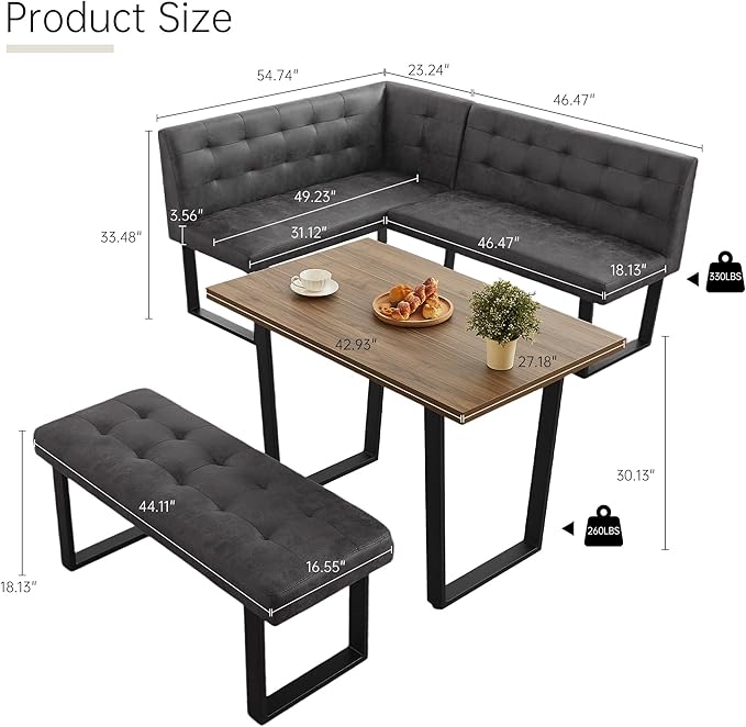 HIPIHOM 3-Piece Corner Dining Table Set with Bench, 70 Inch Space-Saving Breakfast Nook for Kitchen & Dining Room(Walnut Table & R-Seat Grey Bench)