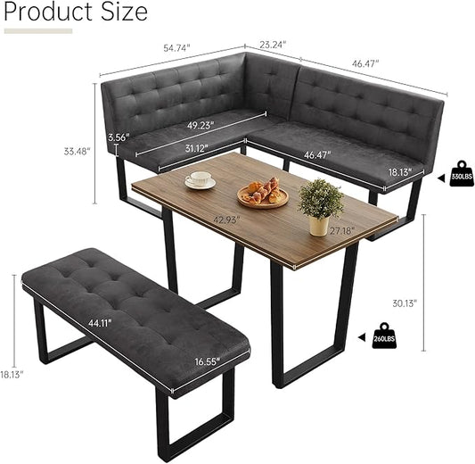 HIPIHOM 3-Piece Corner Dining Table Set with Bench, 70 Inch Space-Saving Breakfast Nook for Kitchen & Dining Room(Walnut Table & R-Seat Grey Bench)