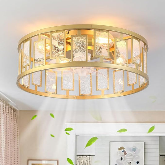 Garwarm 20IN Caged Ceiling Fan with Light,Flush Mount Ceiling Fans with Lights and Remote,Bladeless Fandelier Low Profile Ceiling Fan Light Fixture for Bedroom,Kitchen,Dining Room, Gold