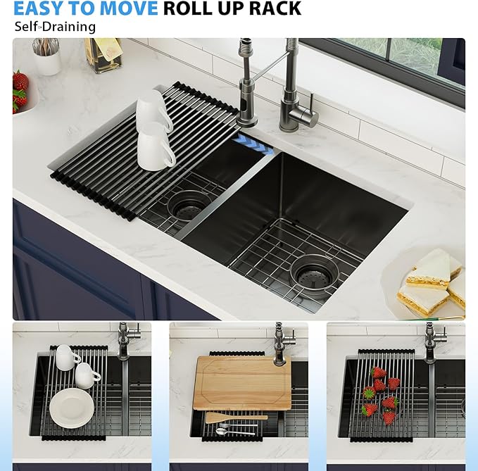 33 Inch Gunmetal Black Undermount Double Bowl Kitchen Sink 16 Gague Stainless Steel Double Handmade Sinks 50/50 Large Deep Double Bowl Sinks 33"x19"x10"