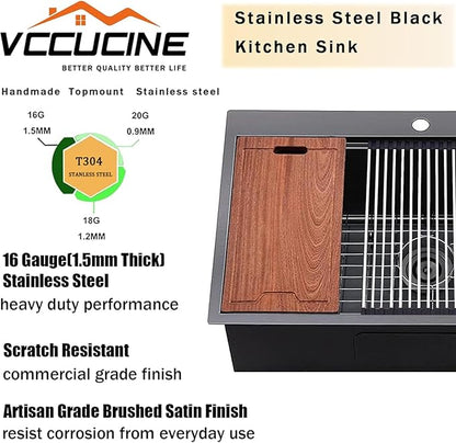 VCCUCINE 33x22 Inch Black Drop In Kitchen Sink,33 Gunmetal Black Single Bowl Stainless Steel Topmount Workstation Kitchen Sink Laundry Sink,Top mount 2 Hole Kitchen Sink with Cutting Board & Strainer