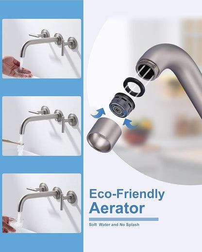 Brushed Nickel Bathroom Faucet,WOWOW 2 Handle Wall Mount Bathroom Faucet, Vessel Sink Faucet Wall Mount and Brass Rough-in Valve Included