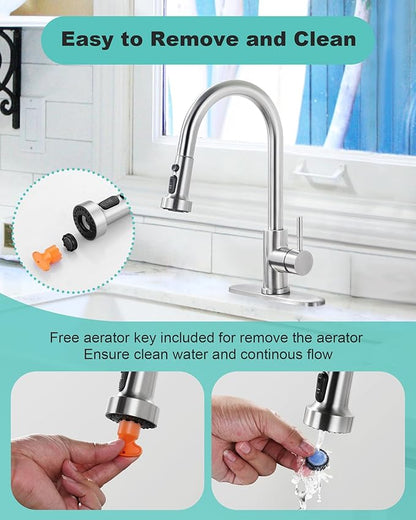 Pull Down Faucet Head Replacement: 3-Function Kitchen Faucet Sprayer Head Replacement with 9 Adapters - Brushed Nickel Sink Faucet Head Compatible with Moen, Delta, American Standard Faucets