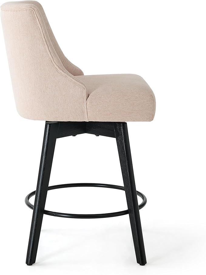 Vipbear Counter Height Bar Stools Set of 2, 26" H Swivel Bar Stools with Backs, Linen Fabric Upholstered Bar Chairs with Solid Wood Legs for Kitchen Island, Dining Room, Home Bar, Beige