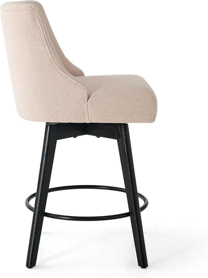 Vipbear Counter Height Bar Stools Set of 2, 26" H Swivel Bar Stools with Backs, Linen Fabric Upholstered Bar Chairs with Solid Wood Legs for Kitchen Island, Dining Room, Home Bar, Beige