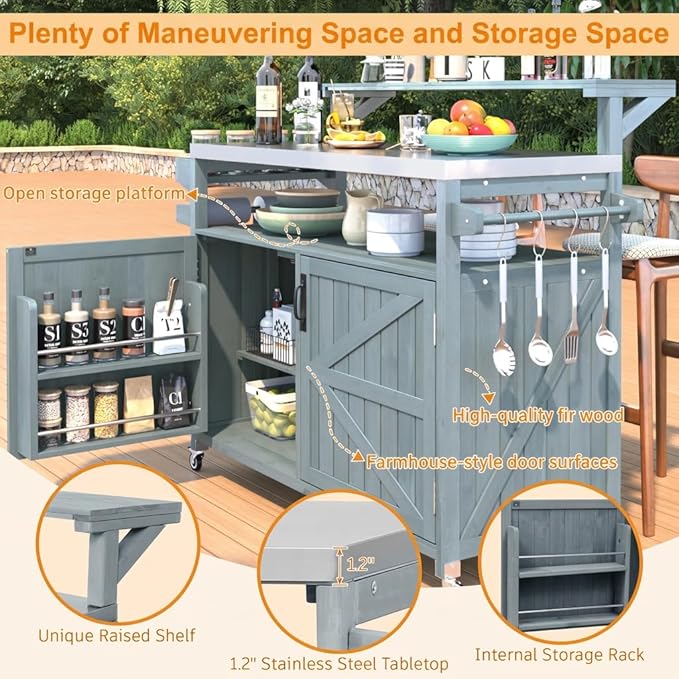 Casaphoria 53.3" Outdoor Kitchen BBQ Grill Cart, 100% Fir Wood Bar Cart Pizza Oven Table with Stainless Steel Countertop, Raised Worktop, Hooks, Adjustable Shelves Outdoor Kitchen Island,Blue