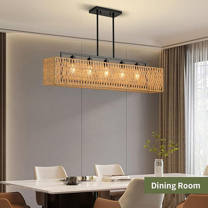 Chandeliers for Dining Room 40 Inch Boho Rattan Chandelier 5-Light Linear Chandelier Large Rectangle Chandelier Over Table, Rattan Light Fixture Kitchen Island Lighting