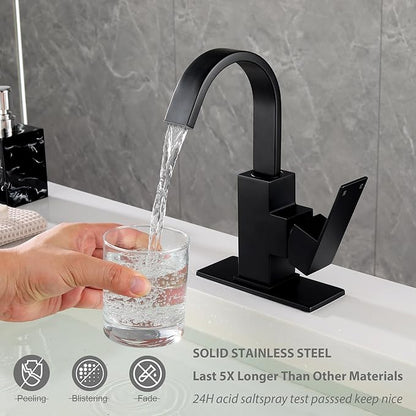 Matte Black Bathroom Faucet Waterfall Faucet Bathroom Vanity with 360 Degree Swivel Spout, Single Hole Bar Sink Faucet with Hose and 6 "Deck Plate,SL5004BK
