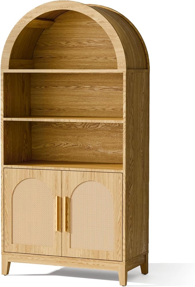 63" Tall Arched Pantry Cabinet with Doors, 5-Tier Arched Bookcase with Adjustable Shelves, Wood Storage Cabinet for Kitchen, Living Room, Office, Natural Oak