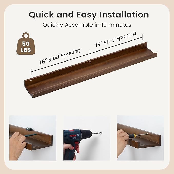 FLYJOE Picture Ledge Shelf for Wall, 36 inch Solid Ash Wood Nursery Book Shelves 2 Packs, Floating Shelves for Kids' Room Bedroom Bathroom Living Room Photo Frames Office Nursey Wall Decor, Walnut