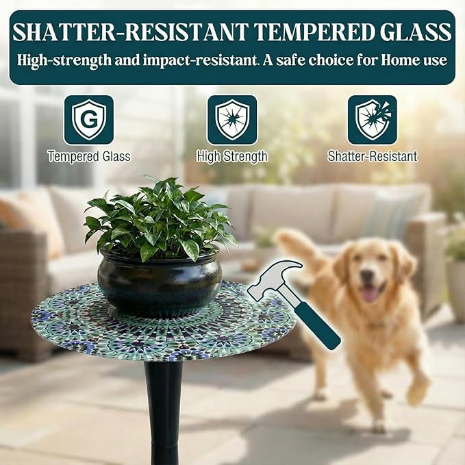 Simmer Stone 13.4" Outdoor Side Table, Round Patio Bistro Table Printed Tempered Glass Top, Waterproof Rust-Proof Base, Small Plant Stand for Balcony, Garden, Deck, 21.6" H (Blue Morocco)