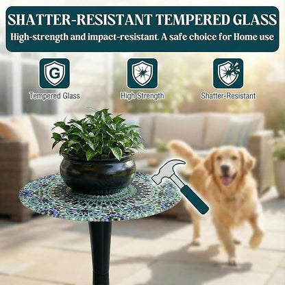 Simmer Stone 13.4" Outdoor Side Table, Round Patio Bistro Table Printed Tempered Glass Top, Waterproof Rust-Proof Base, Small Plant Stand for Balcony, Garden, Deck, 21.6" H (Blue Morocco)