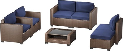 Patio Furniture Set 7 Pieces Conversation Set Wicker Outdoor Sectional Sofa,Ergonomic Armrests Couch with Cushion and Glass Table (Brown-Navy, 7 Piece-Double)