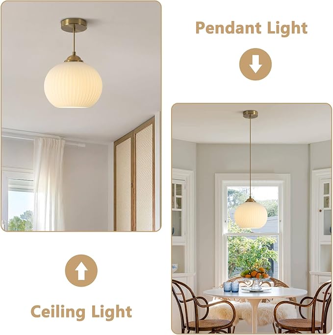 KCO Lighting Mid Century Modern Globe Pendant Light Ribbed Glass Ceiling Light Gold Hanging Light Fixtures Antique Brass Kitchen Island Pendant Lights Round Pendant Light Fixture (2 Pack)