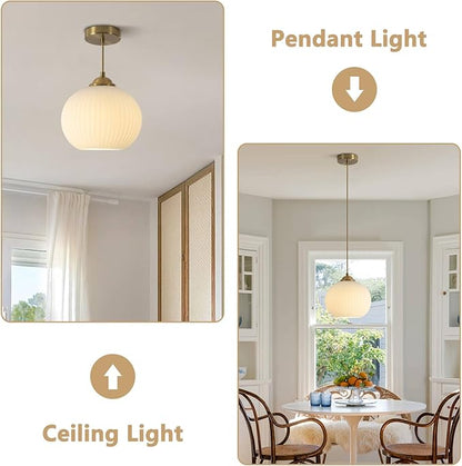 KCO Lighting Mid Century Modern Globe Pendant Light Ribbed Glass Ceiling Light Gold Hanging Light Fixtures Antique Brass Kitchen Island Pendant Lights Round Pendant Light Fixture (2 Pack)