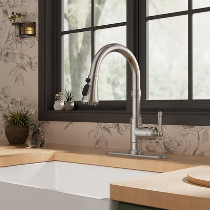 FORIOUS Vintage Kitchen Faucets with Pull Down Sprayer, Brushed Nickel High Arc Single Handle Stainless Steel Transitional Pull Out Sink Faucet for Farmhouse Camper Rv Bar, Fit for 1 or 3 Hole