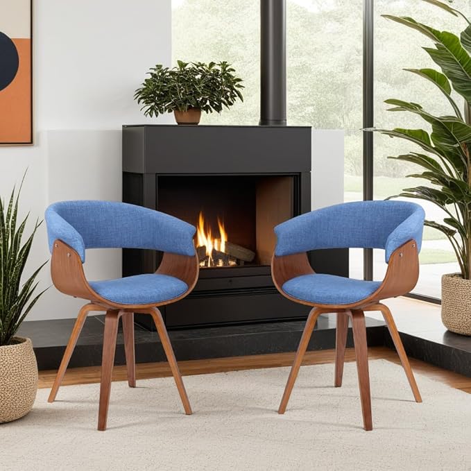 Armen Living Summer Mid-Century Chair in Blue Fabric with Walnut Wood Finish - Set of 2