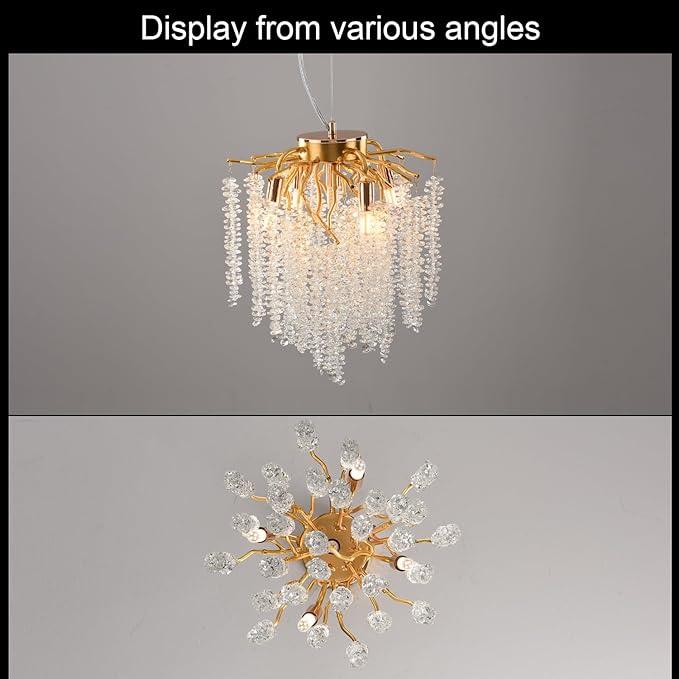 Crystal Tree Branch Chandelier Gold Roud Raindrop Pendant Light Tassel Ceiling Hanging Light Fixtures for Bedroom Living Room Dining Room Entryway Dia 12"