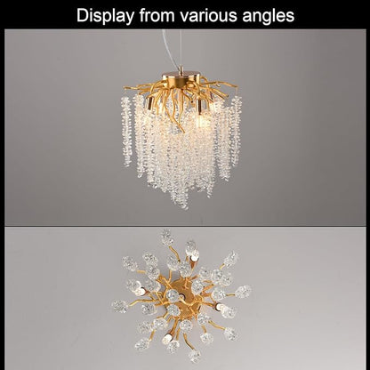 Crystal Tree Branch Chandelier Gold Roud Raindrop Pendant Light Tassel Ceiling Hanging Light Fixtures for Bedroom Living Room Dining Room Entryway Dia 12"