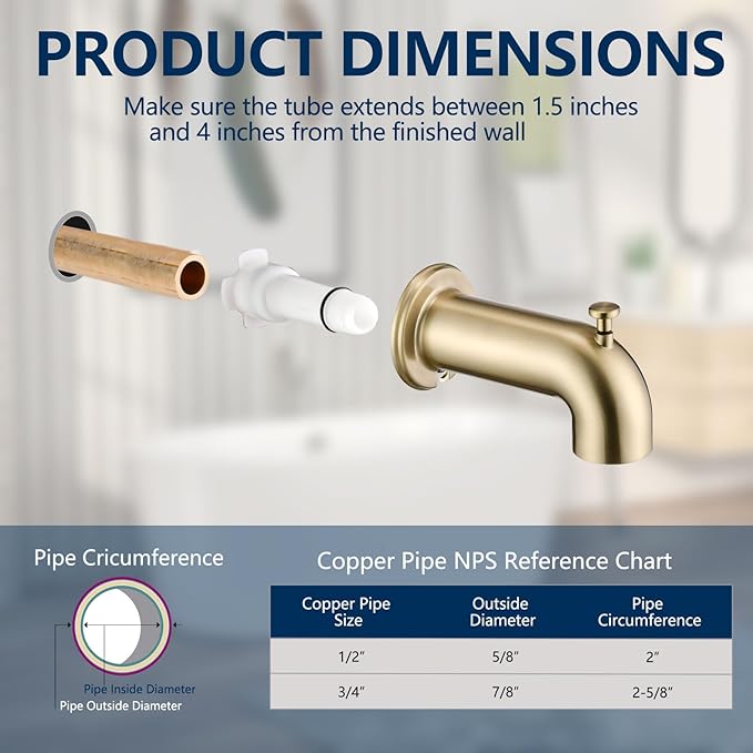 Slip-On Tub Spout with Diverter Long for Bathtub Spout, Fit for 1/2 Inch Slip Pipe, Brushed Gold