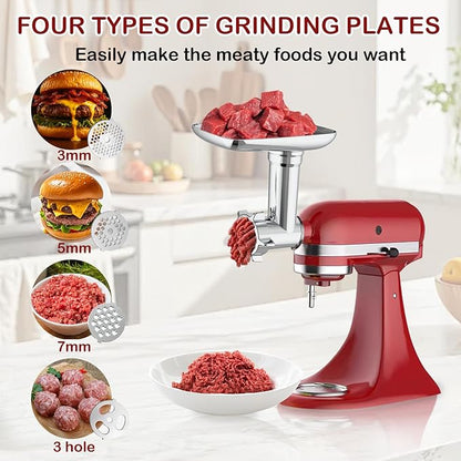 Meat Grinder & Slicer Shredder Attachments for KitchenAid Stand Mixer, Meat Grinder with 2 Size Sausage Stuffer Tubesand and 4 Types Slicer Shredder Combination Set for Mincing Meat/Chopping Food