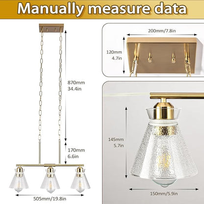 Gold Kitchen Island Lighting, 3-Light Farmhouse Pendant Light with Seeded Glass Shades, Adjustable Dining Room Chandelier for Entryway, Hallway, Foyer, Living Room, Bedroom