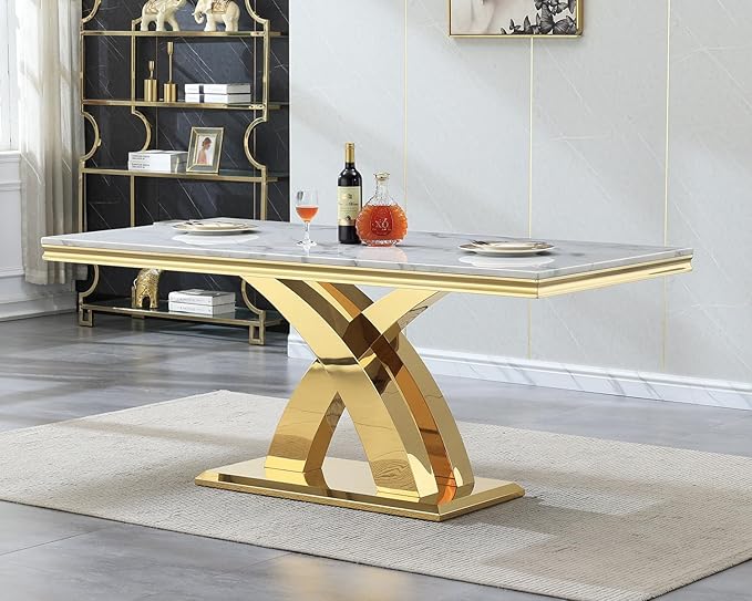 68" Faux Marble White Dining Table for 6-8, Modern Dining Room Table with 0.71" Marble Printing MDF Top and X-Shaped Gold Stainless Steel Base, Rectangle Kitchen Dinner Table