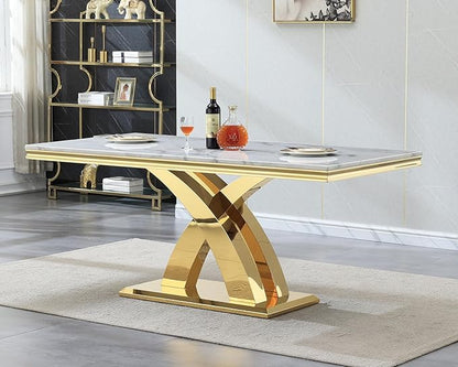 68" Faux Marble White Dining Table for 6-8, Modern Dining Room Table with 0.71" Marble Printing MDF Top and X-Shaped Gold Stainless Steel Base, Rectangle Kitchen Dinner Table