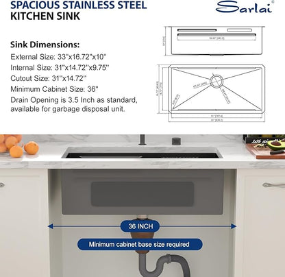 Sarlai 33 Inch Waterfall Kitchen Sink - Black Undermount Kitchen Sink With Waterfall Ledge Workstation Stainless Steel 16 Gauge Multifunction Single Bowl Under Mount Basin with Faucet