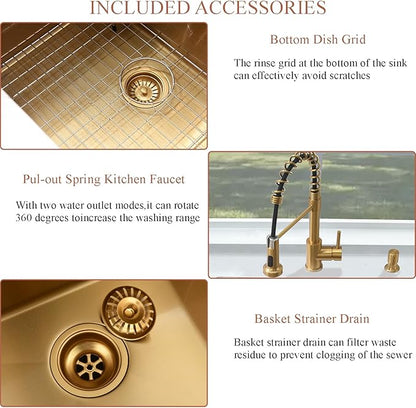Undermount Gold Laundry Sink-Bokaiya 24"x18"x12" Gold Stainless Steel Laundry Room Sink Outdoor Utility 16 Gauge Single Bowl Kitchen Sink with Faucet Combo