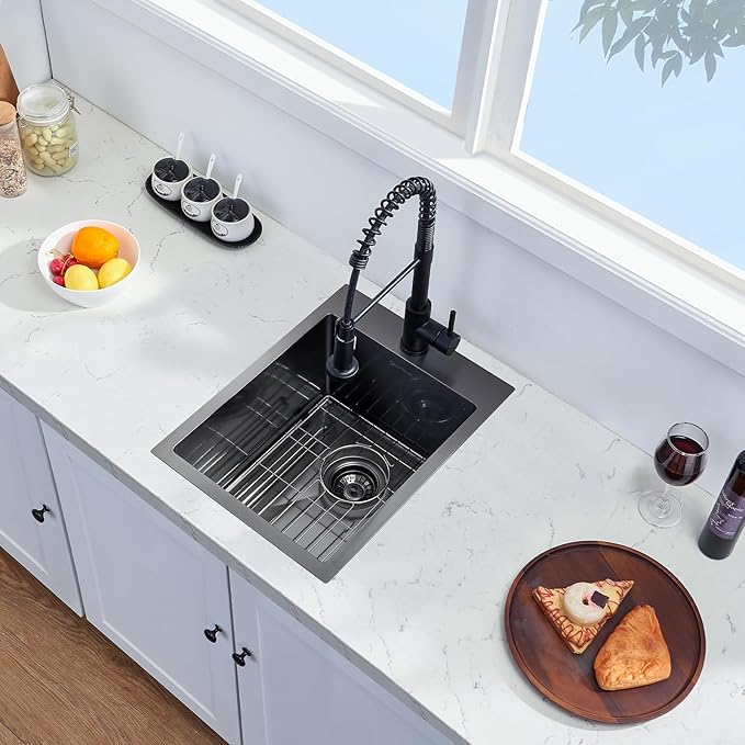 Drop In Kitchen Sink, 15 x 20 Inch Single Bowl Topmount Small Bar Sink 16 Gauge T-304 Stainless Steel Gunmetal Black Kitchen Sinks