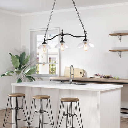 KSANA Black Farmhouse Chandelier, 3-Light Modern Linear Kitchen Island Lighting with Clear Glass Shade, Rustic Island Pendant Lights Chandeliers Light Fixture for Dining Room & Kitchen
