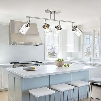4 Lights Directional Ceiling Light Fixtures with Flexibly Rotatable Light Head Brushed Nickel Bathroom Lights Modern Complete Track Lighting Kits with Clear Glass Shade, E26 Base