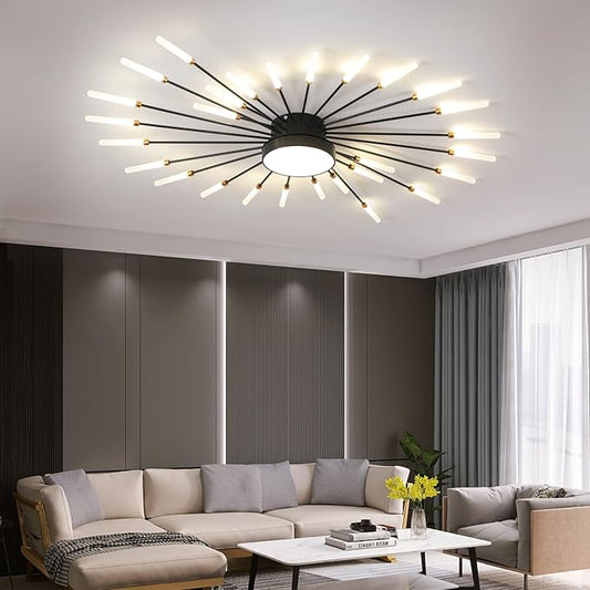 JAYMP 41.3" Ceiling Light Modern Flower Shape Ceiling Lamp for Living Room Dining Room Flush Mount Metal Acrylic Sputnik Firework Petal LED Lighting Fixture (Matte Black, 28+1 Lights)