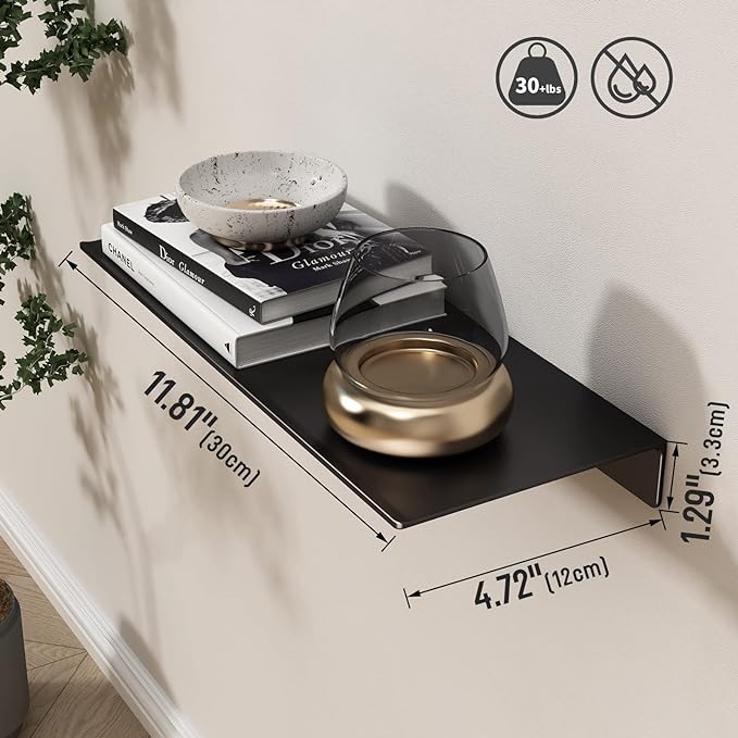 Danpoo Metal Wall Shelf, Black Floating Shelf, Small Bathroom Shelf, 12" Display Shelves for Wall Storage