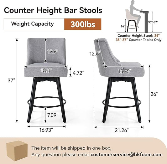 Counter Height Bar Stools Set of 2, Swivel Barstools with Backs and Wood Legs, Linen Fabric Upholstered Counter Stools for Kitchend Island, Mid-Century Modern 26" Seat Height Bar Chairs, Grey