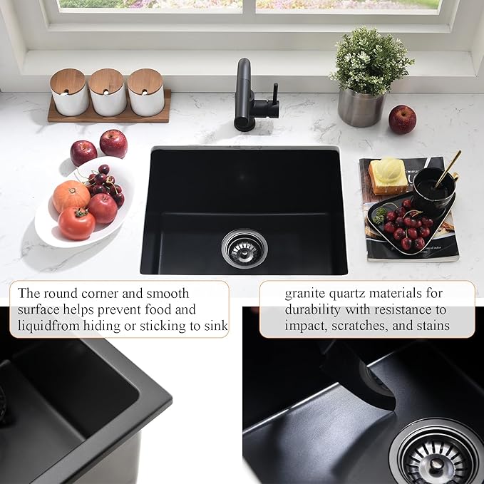 24 Inch Undermount Black Kitchen Sink-Bokaiya 24x19 Inch Undermount Wet Bar Sink Quartz Matte Black Small Outdoor Rv Kitchen Sink Granite Composite Single Bowl Kitchen Sink