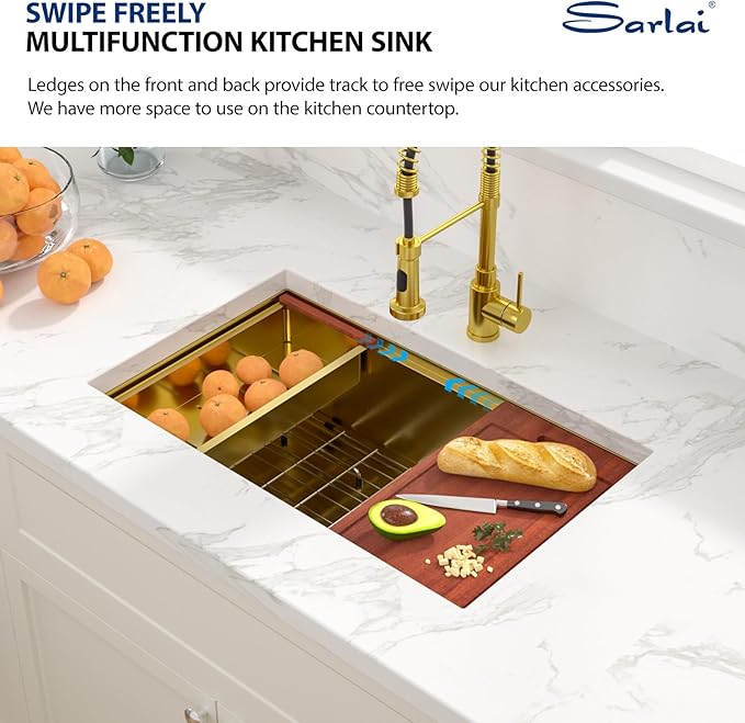 Sarlai 30 Inch Gold Undermount Kitchen Sink - 30" x18" Kitchen Sink Ledge Workstation 16 Gauge Gold Stainless Steel Deep Single Bowl Under Counter Rectangular Kitchen Sinks Basin