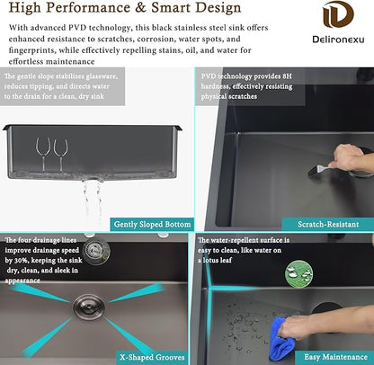 33x22 Black Drop In Kitchen Sink, Delironexu 16 Gauge 304 Black Stainless Steel Top Mount Kitchen Sink, 33 Inch Single Bowl Black Kitchen Sink with Accessories