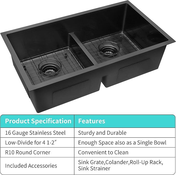 32 inch Double Bowl Kitchen Sink,Black Undermount Kitchen Sink 32 X 18 inch,16 Gauge Stainless Steel Undermount Sinks,Special Low-Divide Design