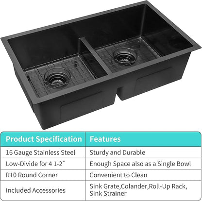 32 inch Double Bowl Kitchen Sink,Black Undermount Kitchen Sink 32 X 18 inch,16 Gauge Stainless Steel Undermount Sinks,Special Low-Divide Design