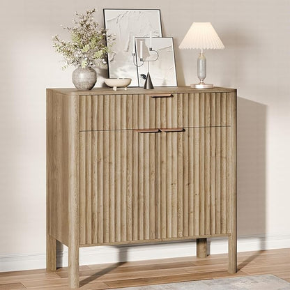 Fluted Buffet Cabinet with Storage - Modern Sideboard Accent Credenza with Doors & Drawer Wood Console Coffee Table Bar Counter for Living Room Kitchen Dining Room Entryway, Easy Assembly 31" Oak