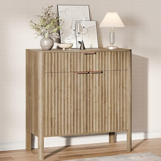Fluted Buffet Cabinet with Storage - Modern Sideboard Accent Credenza with Doors & Drawer Wood Console Coffee Table Bar Counter for Living Room Kitchen Dining Room Entryway, Easy Assembly 31" Oak