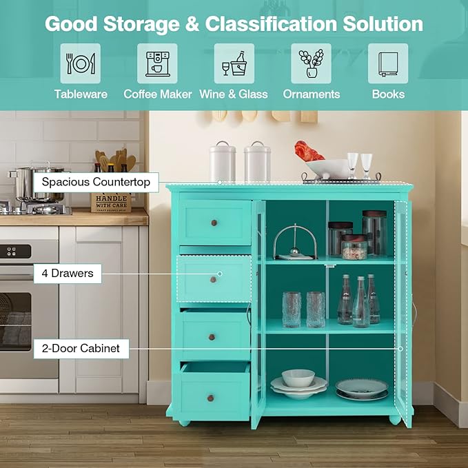 Giantex Buffet Sideboard with Storage - Kitchen Pantry Cabinet with 2 Doors, 4 Drawers, Adjustable Shelf, Freestanding Cupboard Credenza for Kitchen Living Room (Green)